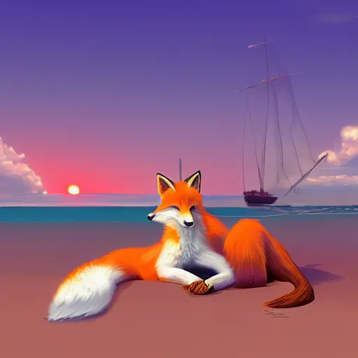 Prompt: fox chilling on the beach, photo, vaporwave, artstation