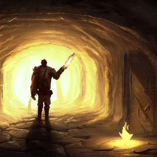 Prompt: a man with holds a torch and explores a Dungeon, luminous, artstation