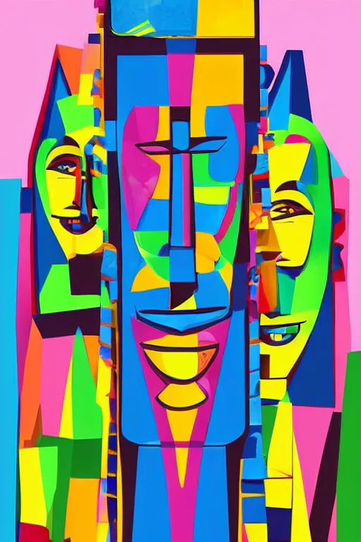 Image similar to cubist moai statue cutout digital illustration cartoon colorful beeple