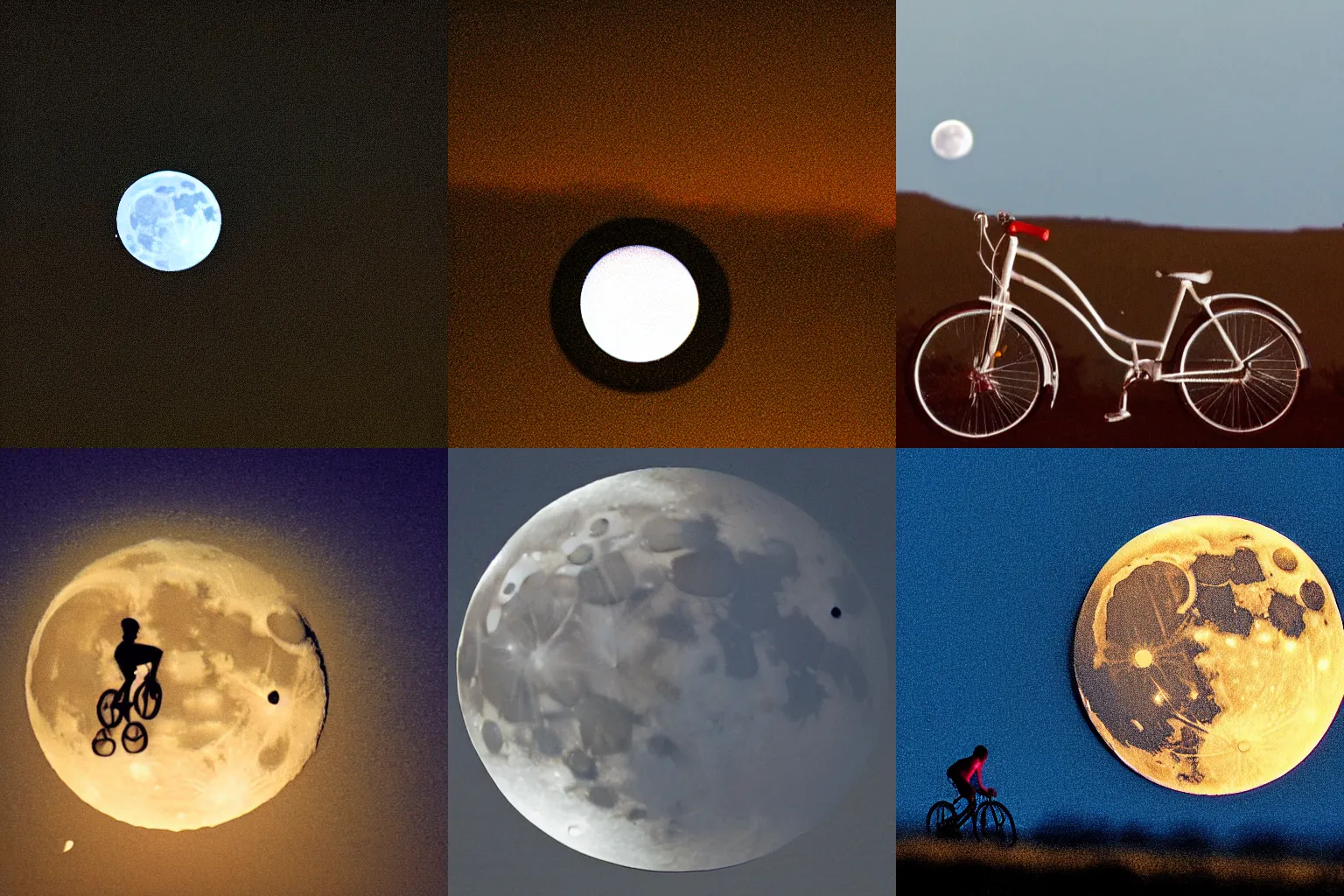 Prompt: photograph through a telescope of a bycicle floating infront of the moon