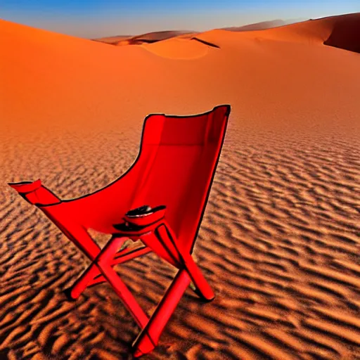 Image similar to a red camping chair in the middle of the sahara desert. the chair is 1 0 feet away from the camera.