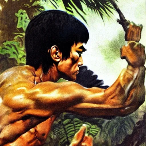 Prompt: color portrait of bruce lee in the jungle by frank frazetta, great likeness ! asthetic ! detail !