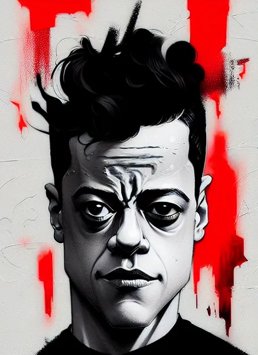 Prompt: highly detailed closeup portrait of rami malek, elliot alderson, black hoody by atey ghailan, by greg rutkowski, by greg tocchini, by james gilleard, by joe fenton, by kaethe butcher, gradient red, black and white color scheme, grunge aesthetic!!! ( ( graffiti tag wall background ) )