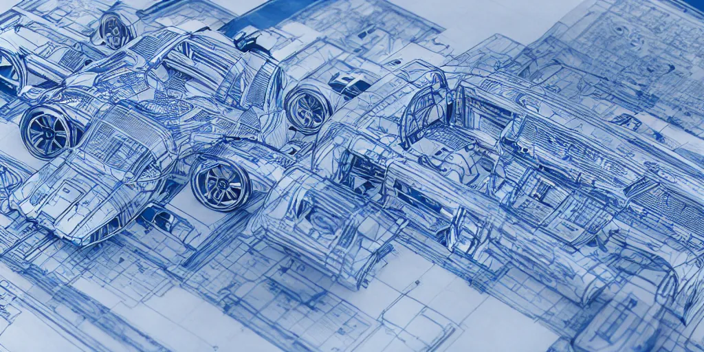 Image similar to highly detailed blueprint of a super car, layout, construction drawing, white paper, blue lines, 4 k, intricate, hyper realistic, octane render engine