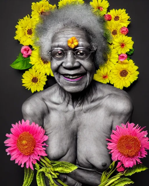 Image similar to a portrait of a beautiful fleshy old black woman who is surprised she is still alive, covered in flowers in the style of guiseppe arcimboldo and james jean, covered in wispy gray hair with a hint of neon, hd 3 d,