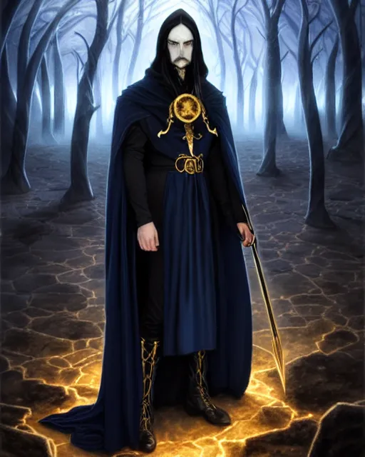 Image similar to male wizard at the end of time, long black hair blue eyes wearing cloth mantle gothic navy cloak with gold details, wizard town, fantasy character portrait, ultra realistic, intricate, elegant, cinematic lighting, highly detailed, digital painting, artstation, smooth, sharp, focus, illustration, art by artgerm and greg rutkowski and alphonse mucha