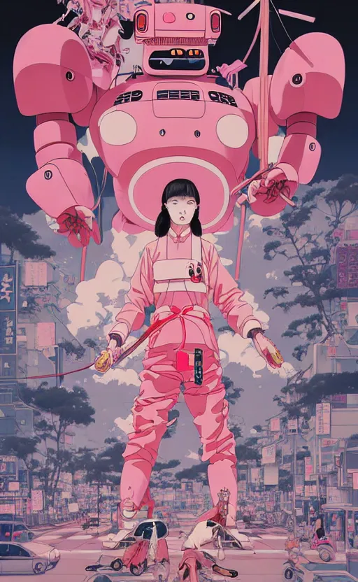 Image similar to Artwork by James Jean, Phil noto and hiyao Miyazaki ; a young Japanese future samurai police girl named Yoshimi battles an enormous looming evil natured carnivorous pink robot on the streets of Tokyo; Japanese shops and neon signage; crowds of people running; Art work by hiyao Miyazaki, Phil noto and James Jean