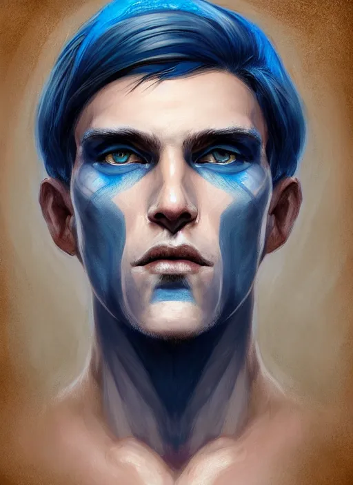 Prompt: head-on symmetrical centered painted portrait, a man with completely blue skin in his twenties as a D&D wizard, fantasy, intricate, elegant, highly detailed, digital painting, smooth, sharp focus, illustration, artstation, in the style of Artgerm and Anna Podedworna and Charlie Bowater and Michael Garmash
