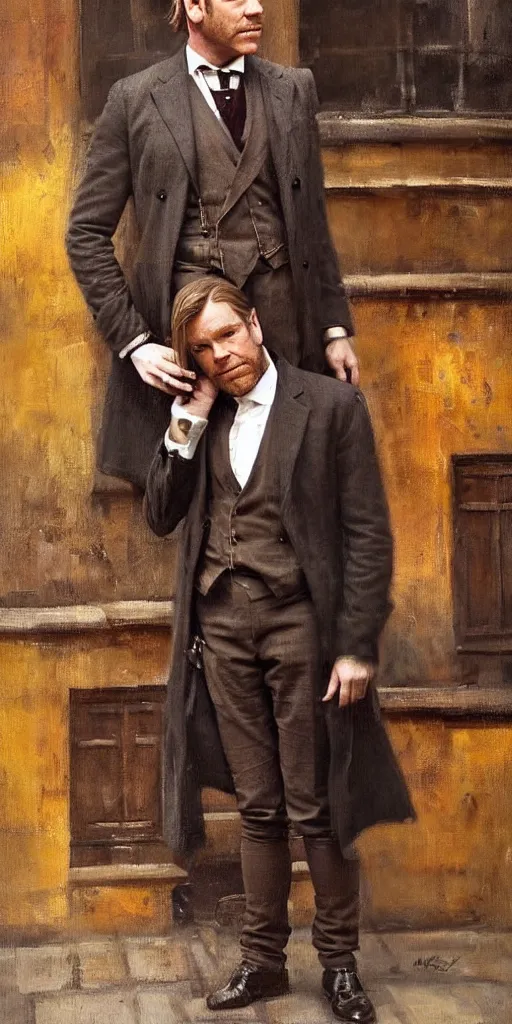 Image similar to we see ewan mcgregor from side. he is dressed as a gentleman at early 2 0 th century paris. atmospheric feeling, warm colours, brown colours, yellow colours, epic scene, cinematic, very detailed, oil painting