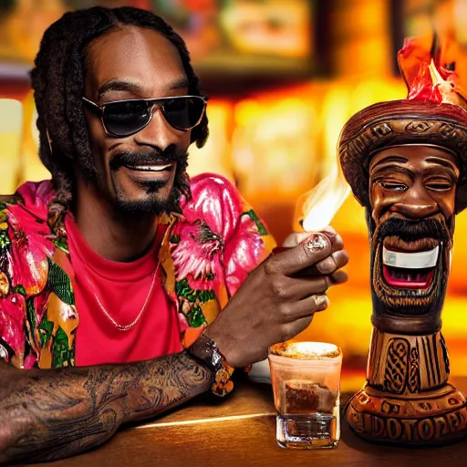 Prompt: a closeup photorealistic photograph of happy blunt smoking snoop dogg at trader vic's bar sitting next to a trader vic's style tiki mug featuring snoop dogg's face. tiki culture. bright scene. 4 k hd image that's trending on artstation, featured on behance, well rendered, extra crisp, features epic composition and the style of unreal engine.