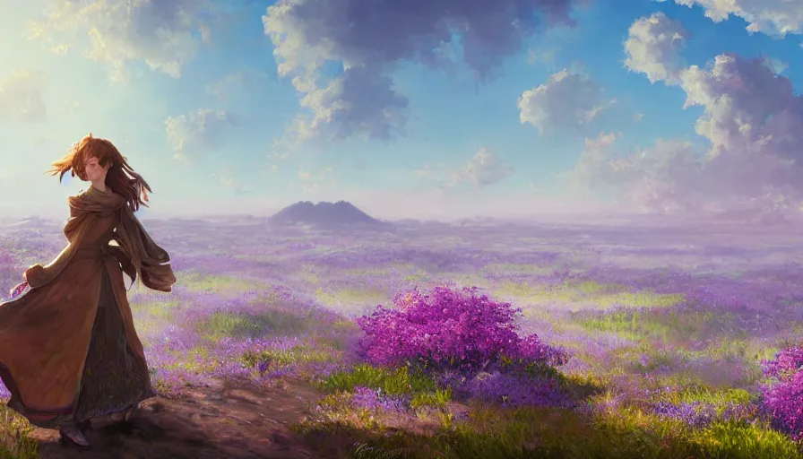 Prompt: over the shoulder landscape painting of violet evergarden standing on a distant colorful flower hill, behind it a distant old european city leiden from violet evergarden next to the reflecting ocean, ocean, sunshine, fantasy, intricate, elegant, highly detailed, digital painting, artstation, blender, unreal engine 5, octane render, smooth, sharp focus, illustration, by Anton Fadeev and Philipp A. Urlich and greg rutkowski