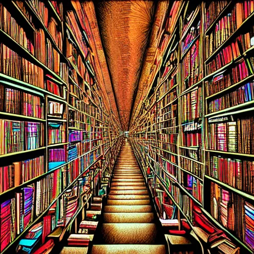 Prompt: large labyrinth with walls made of bookshelves, bird's eye view. Detailed digital art.