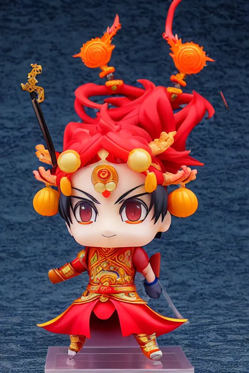 Image similar to arty chinese mythology ne zha nendoroid full body hyperdetalied, hero action pose, osamu tezuka, macoto takahashi, chibi, q posket, 8 k realistic, 3 d, cryengine, exquisite, red cloth around his shoulders, hold spear, ne zha ( 2 0 1 9 ), fenghua zhong,