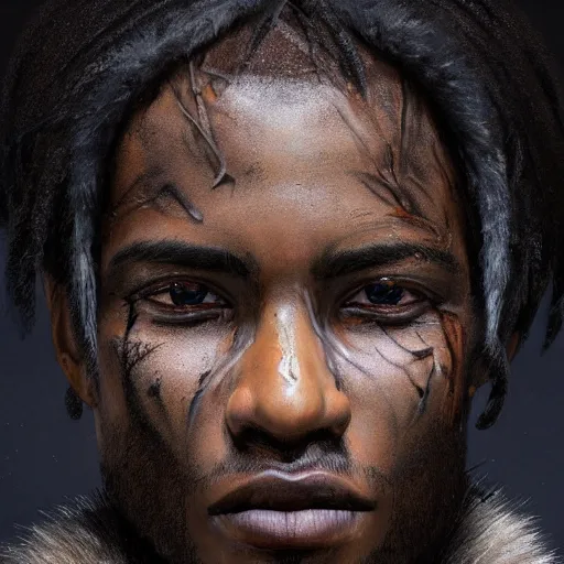 Image similar to portrait painting of a beautiful black man with cut scars and cropped hair wearing a tattered fur coat, ultra realistic, concept art, intricate details, eerie, highly detailed, photorealistic, octane render, 8 k, unreal engine. art by artgerm and greg rutkowski and charlie bowater and magali villeneuve and alphonse mucha