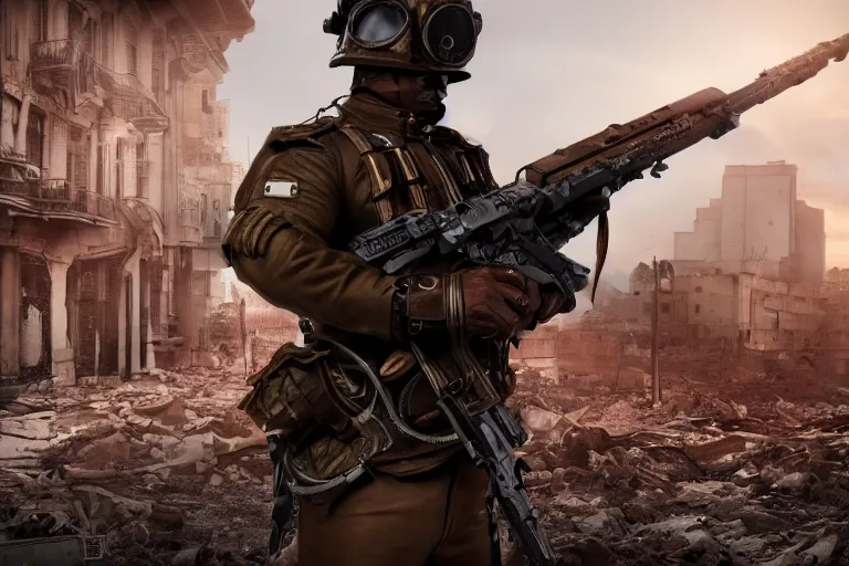 Image similar to 3d render of a detailed steampunk soldier with full-head helmet carrying a sci-fi energy rifle in his arms, standing in front of a dilapidated advanced city, 4k, Unreal Engine, octane render