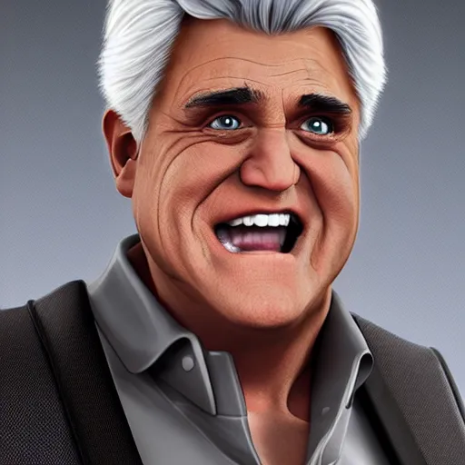 Prompt: an fantasy art of jay leno with very very very gray! and oily! skin and very very black eyes, professional art, volumetric lighting, unreal engine 5, very detailed art, jay leno with gray skin