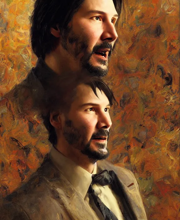 Image similar to portrait of keanu reeves, joyful, highly detailed painting by gaston bussiere, craig mullins, j. c. leyendecker 8 k,