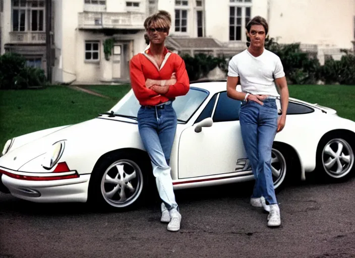 Image similar to color photo of a cool handsome photomodel with arms crossed leaning against a white porsche 9 1 1 in the 8 0's. girl beside him