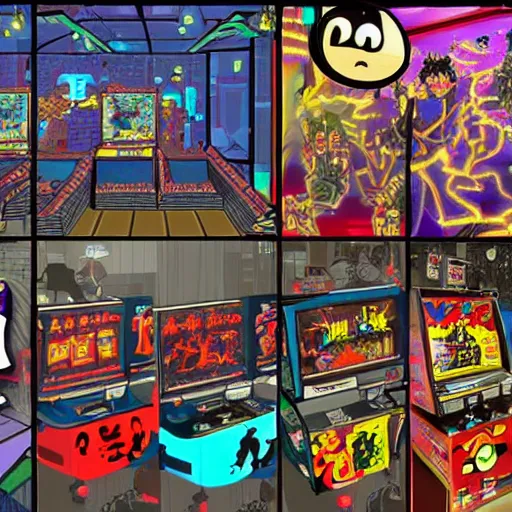 Image similar to grimey japanese retro arcade filled with satanic arcade cabinets, occult video games, 9 0's gaming, satanic portals, digital art, trending on art station