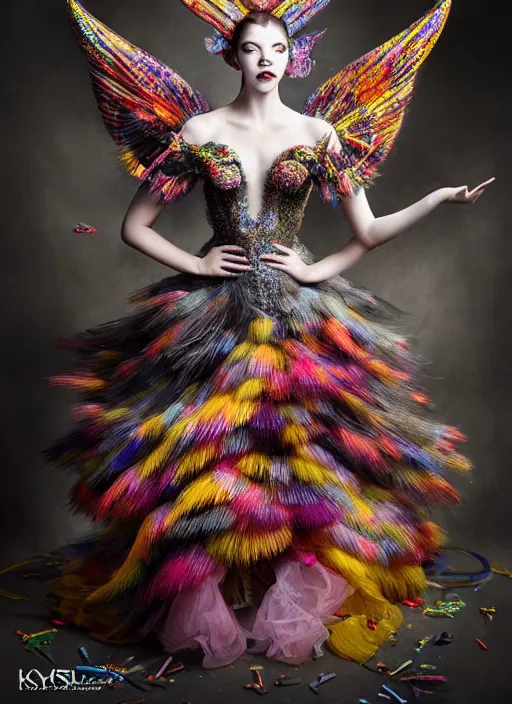 Image similar to expressive full body photo of anya taylor - joy, dress made of sweets and candies, glamour shot, by karol bak, stefan gesell, photorealistic, nikon d 4 x, fashion photography, hyper maximalist, elegant, ornate, luxury, elite, environmental portrait, symmetrical features, octane render, unreal engine, solid dark grey background, dramatic lights