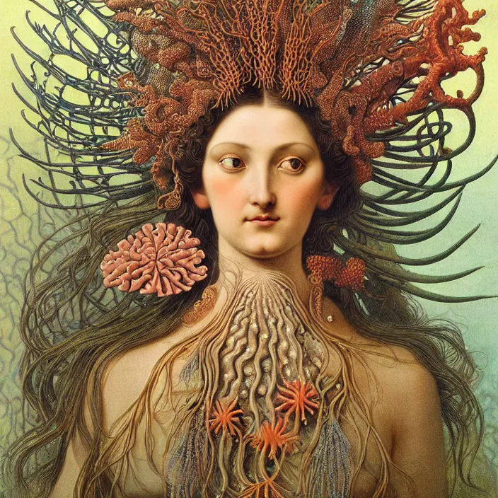 Image similar to realistic detailed face portrait of the goddess of the fish of the three times with an intricate headdress of corals, sea kelp, sea plants, fish, jellyfish, art by archimboldo and ernst haeckel, face in focus, neo - gothic, gothic,