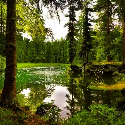 Prompt: a small hidden lake in the forest, beautiful art