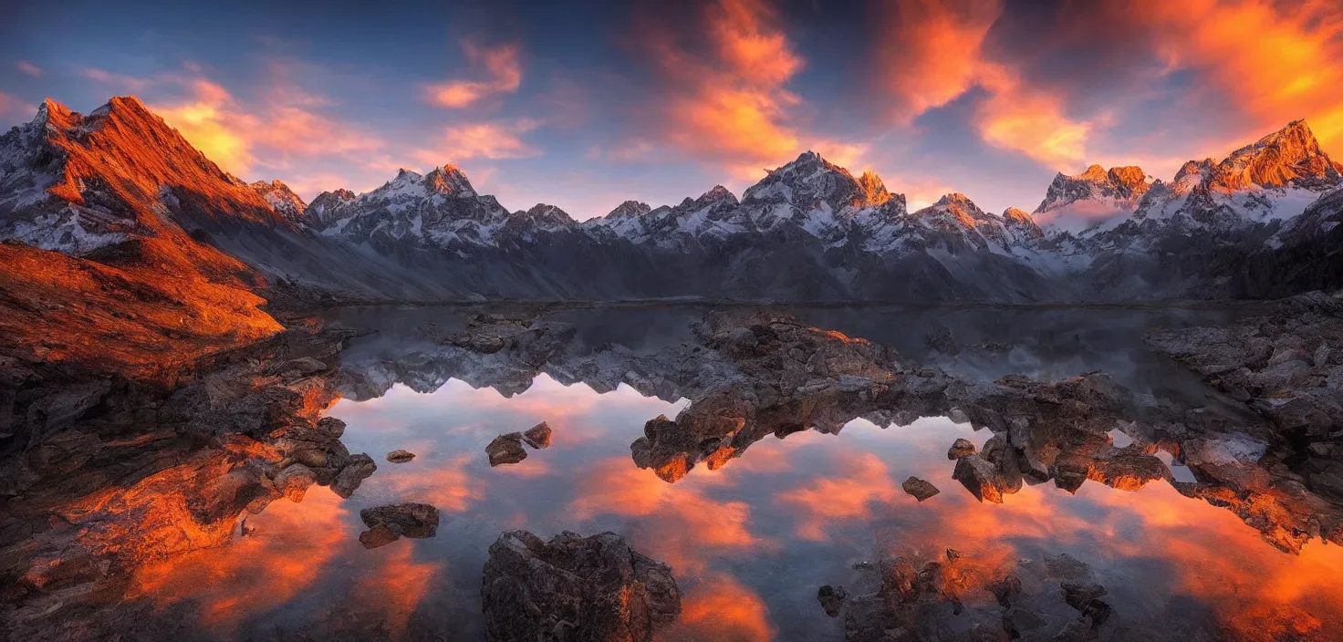 Image similar to amazing landscape photo of mountains with lake in sunset by marc adamus, beautiful dramatic lighting