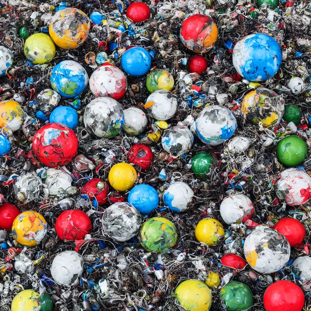 Image similar to ball made of plastic garbage and domestic waste and metal trash, photo realistic image, 4K, super detailed, cinematic look