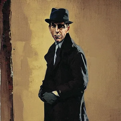 Prompt: “painting of Humphrey bogart as 1940s private eye, in trench coat and hat, noir atmosphere, by Robert McGinnis”