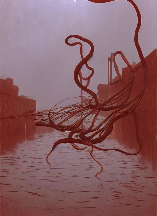 Image similar to tentacles reaching from underwater in transparent plastic bags, paper bags in hands and over the head, on flooded street Edward Hopper and James Gilleard, Zdzislaw Beksinski, highly detailed