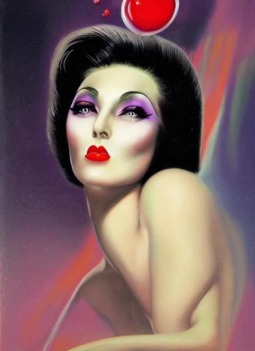 Image similar to an 8 0 s portrait of a woman with dark eye - shadow and red lips with dark slicked back hair dreaming acid - fueled hallucinations by serge lutens, rolf armstrong, delphin enjolras, peter elson