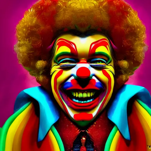 Image similar to An extremely psychedelic portrait of Ronald McDonald, surreal, LSD, face, detailed, intricate, elegant, lithe, highly detailed, digital painting, artstation, concept art, smooth, sharp focus, illustration