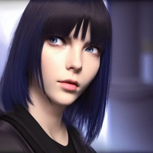 Image similar to « portrait, attractive, blue eyes, black hair, middle length hair, ghost in the shell, front view, unreal engine 5 »