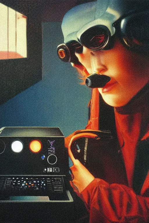 Image similar to a raven observing 8 0 s era technology, vintage shapes, retro technology, glowing color, wayne barlow, oil on canvas, deep depth of field, masterpiece, cinematic composition, hyperdetailed