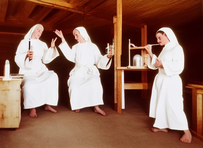 Image similar to realistic photo of a two medieval female monks scientists wearing white cotton robes, doing an experiment with a cloud, living room interior is made of wood 1 9 9 0, life magazine reportage photo, natural colors