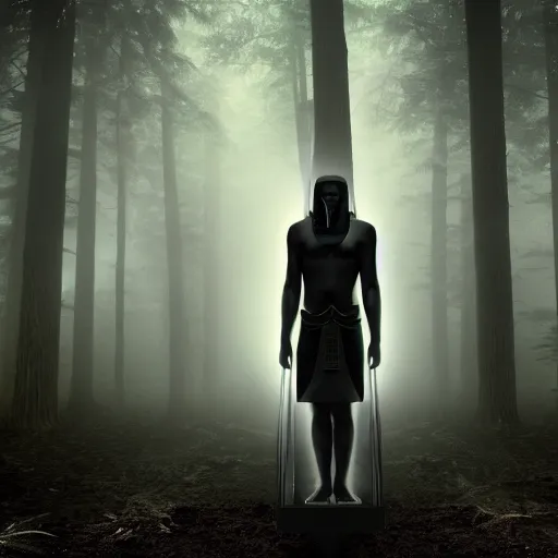 Image similar to a modern day ancient Egyptian pharaoh standing in a dark, gloomy forest, detailed, mythical, mist, fog, heavy fog, dark lighting, rim light, ambient light,