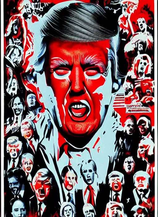 Prompt: Donald Trump's true form on a 1980s horror movie poster , vintage 80s print, detailed, scary, horror, screen print, trending on artstation