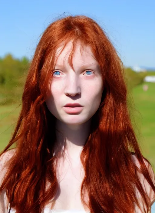 Image similar to close up portrait photograph of a thin young redhead woman with russian descent, sunbathed skin, with deep blue symmetrical!! eyes with round!! Black!! Pupils, and Wavy long maroon colored hair who looks directly at the camera, with a Slightly open mouth, face takes up half of the photo. a park visible in the background. 55mm nikon. Intricate. Very detailed 8k texture. Sharp. Cinematic post-processing. Award winning portrait photography. Sharp eyes.