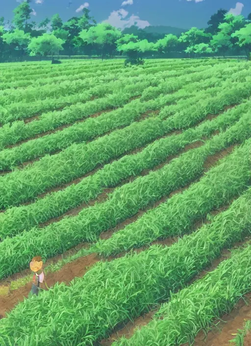 Image similar to beautiful farm with crops in neat rows by makoto shinkai