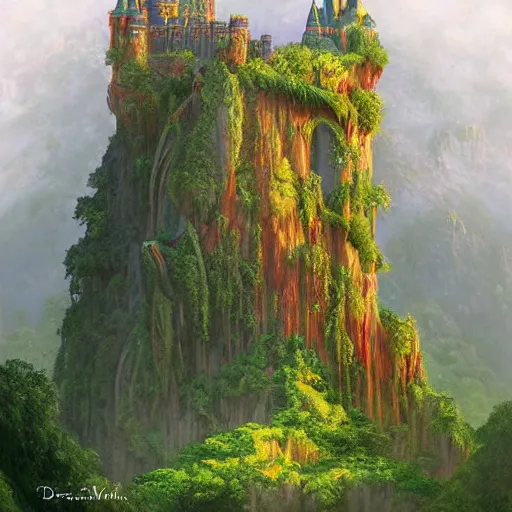 Prompt: rainforest castle on the mountain of magic, artstation, digital art, Darrell K Sweet