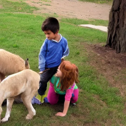 Prompt: two kids discovering an animal that does not exist