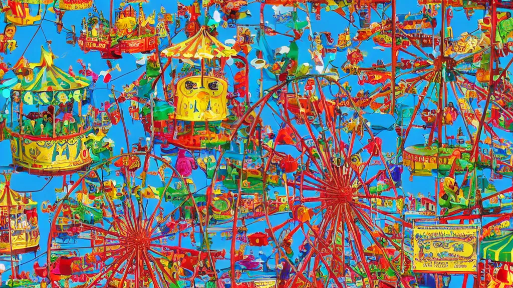 Image similar to carnival town, the horror carnival drawn in the style of a children's book. ferris wheel, circus tent, and carousel. disney style. cutesy, fun, and bright. color harmony, 8 k detail, gallery quality, hd wallpaper, premium prints available, hyper - detailed, intricate design.