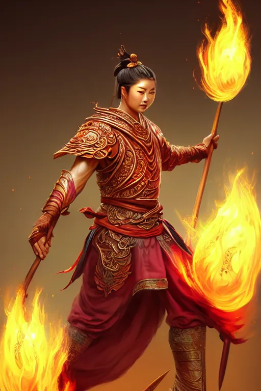 Image similar to charming nezha, highly detailed, man holding spear, flame everywhere, epic pose, masterpiece chinese fantasy character portrait, highly detailed, digital painting, trending on artstation, concept art, sharp focus, illustration, global illumination, ray tracing, realistic shaded, art by artgerm and greg rutkowski and fuji choko and viktoria gavrilenko and hoang lap