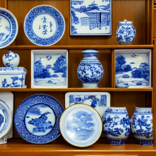 Prompt: photographs of qing dynasty blue and white porcelain