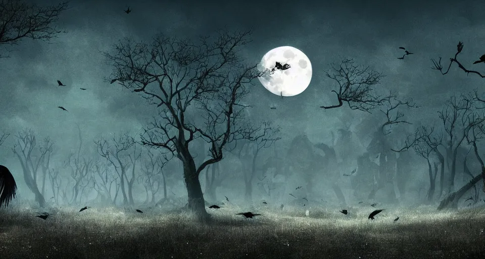 Image similar to fantasy landscape of a forest full of crows and the big moon in the background, dark color-theme, cinematic, science-fiction art wallpaper, stunning digital art