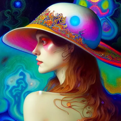 Image similar to An extremely psychedelic celestial white fedora hat, colorful, surreal, dramatic lighting, magic mushrooms, psilocybin, LSD, face, detailed, intricate, elegant, highly detailed, digital painting, artstation, concept art, smooth, sharp focus, illustration, art by Krenz Cushart and Artem Demura and alphonse mucha