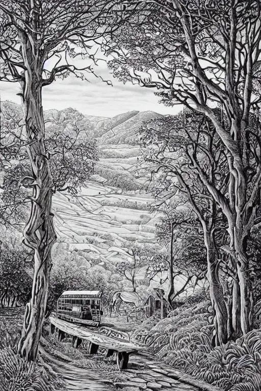 Prompt: wood engraving by sue scullard
