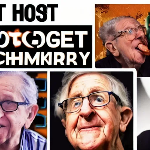 Prompt: thumbnail of hot ones with guest star Noam Chomsky