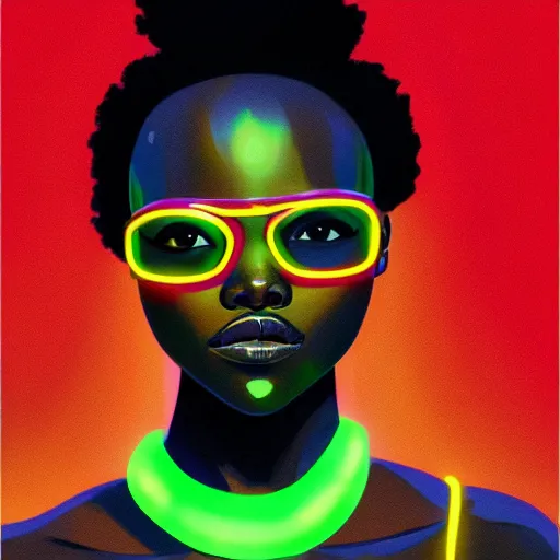 Prompt: Lupita Nyongo wearing opaque reflective goggles profile picture by Greg Rutkowski, brown skin, long afro hair, asymmetrical, futuristic, neon volumetric lights, cool colors, streetwear, studio ghibli, Organic Painting , Matte Painting, geometric shapes, hard edges, street art, trending on the artstation, fantasy LUT, realistic by Sachin Teng + Martin Grip + Moebius, techwear, Industrial Scifi, detailed illustration, character portrait,