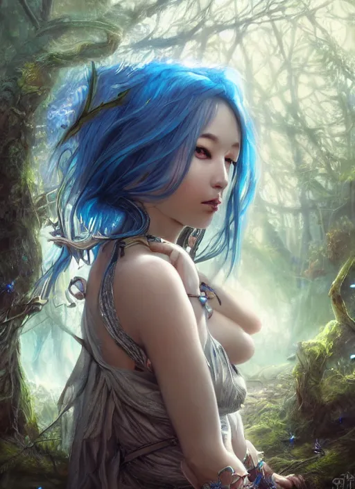 Image similar to stunningly beautiful female blue hair, dj sura face, fantasy art, fae priestess, lush forest landscape, dark light night, sharp focus, digital painting, 8 k, concept art, art by wlop, artgerm, greg rutkowski and alphonse mucha